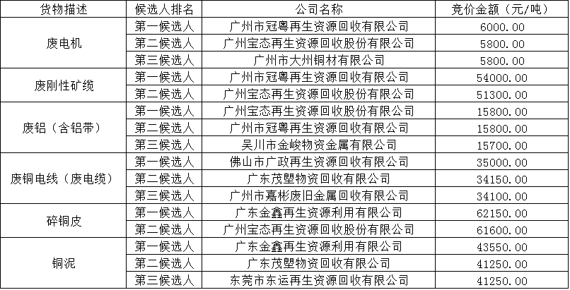 竞价候选人公示